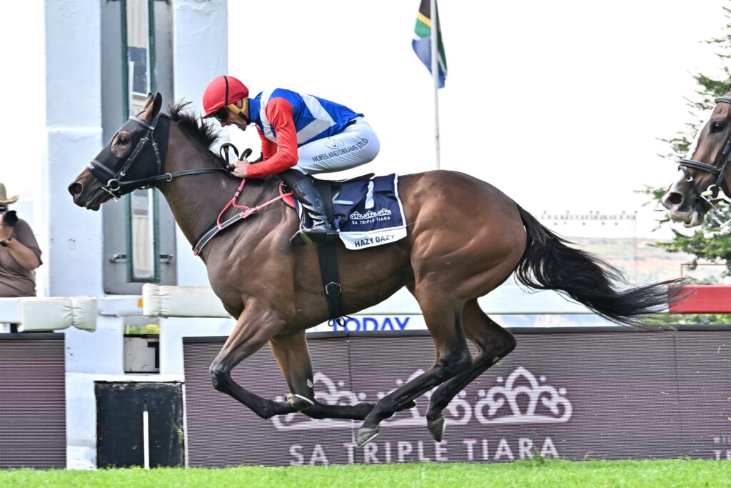 HAZY DAY, RIDDEN BY TRENT MAYHEW, EWINS THE GRADE 1 WILGERBOSDRIFT SA FILLIES CLASSIC AT TURFFONTEIN ON SATURDAY. Picture: JC Photographics